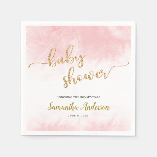Roze Waterverf Baby shower Goud Glitter Script Servet (Voorkant)