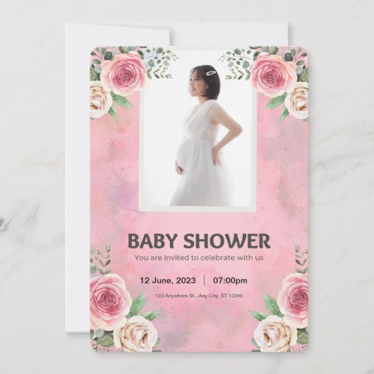 Roze Waterverf Baby shower Kaart (Voorkant)