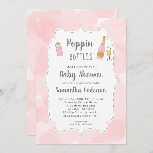 Roze Waterverf Baby shower Kaart (Voorkant / Achterkant)