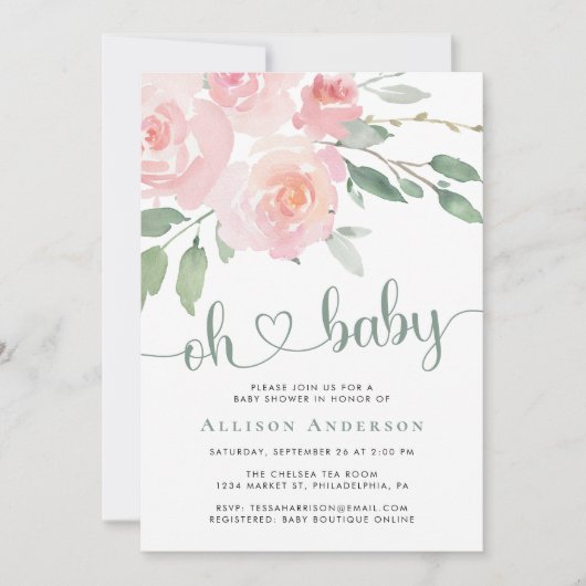 Roze Waterverf Baby shower Kaart (Voorkant)