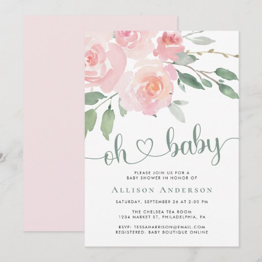 Roze Waterverf Baby shower Kaart (Voorkant / Achterkant)