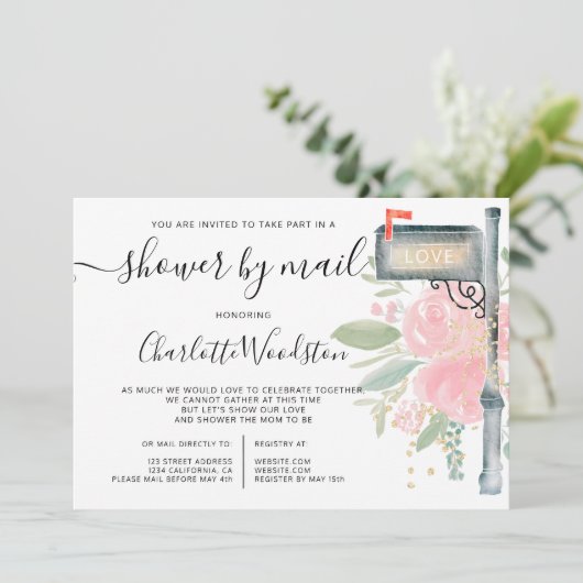 Roze waterverf baby shower per postbus kaart (Staand voorkant)