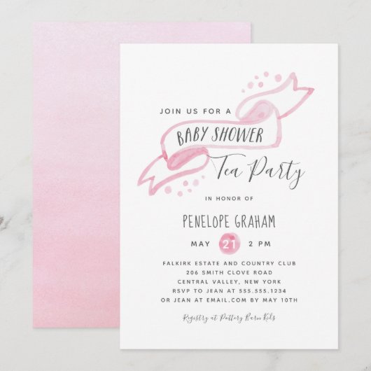 Roze Waterverf Baby shower Tea Party uitnodiging (Voorkant / Achterkant)