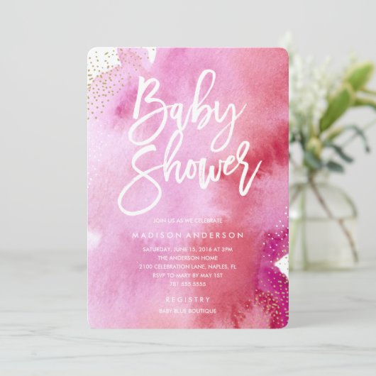 Roze Waterverf Baby shower Uitnodiging (Staand voorkant)