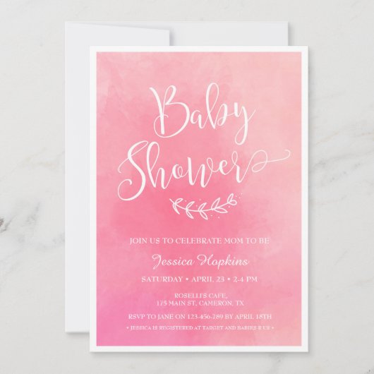 Roze Waterverf Baby shower uitnodiging (Voorkant)