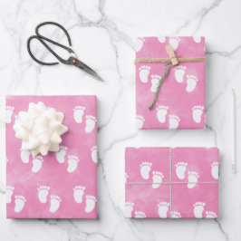 Roze Waterverf Baby shower voetafdrukpatroon Inpakpapier Vel