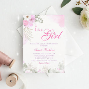 Roze waterverf babyshower uitnodiging voor meisje