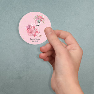 Roze Waterverf Ballerina Flamingo Baby shower Ronde Sticker