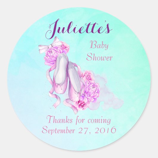 Roze Waterverf Ballet Slippers Baby shower Ronde Sticker (Voorkant)
