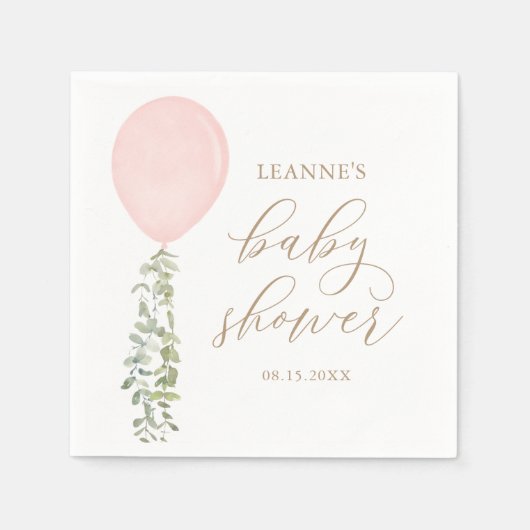 Roze Waterverf ballon Eucalyptus Baby shower Servet (Voorkant)