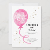 Roze Waterverf Ballon Gouden Confetti Verjaardag Kaart (Voorkant)