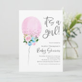Roze Waterverf Ballon Het is een meisje Baby showe Kaart (Staand voorkant)