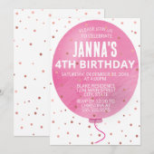 Roze Waterverf ballon verjaardagsfeestje Kaart (Voorkant / Achterkant)