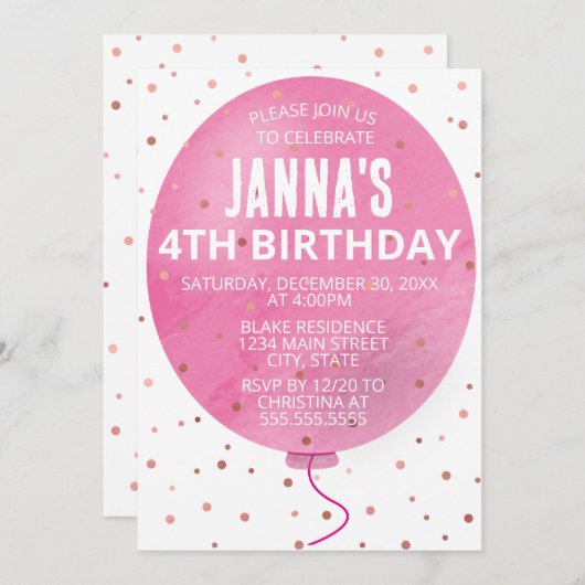 Roze Waterverf ballon verjaardagsfeestje Kaart (Voorkant / Achterkant)