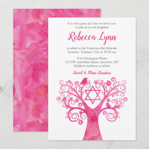Roze Waterverf Bat Mitzvah Invites Kaart