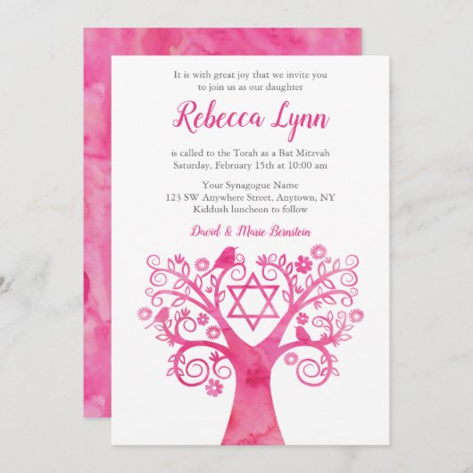 Roze Waterverf Bat Mitzvah Invites Kaart (Voorkant / Achterkant)