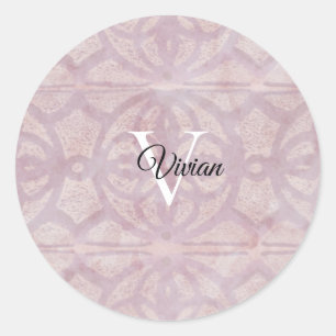 Roze Waterverf Batik Monogram Naam Ronde Sticker