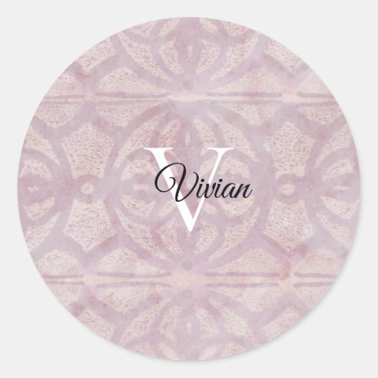 Roze Waterverf Batik Monogram Naam Ronde Sticker (Voorkant)