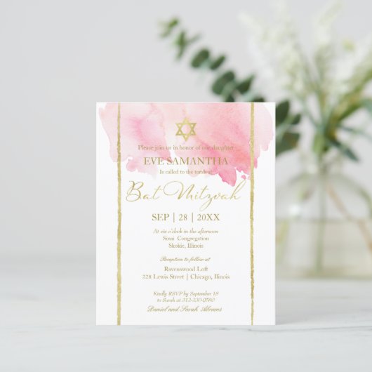 Roze Waterverf BBT Mitzvah begrotingsuitnodiging (Staand voorkant)