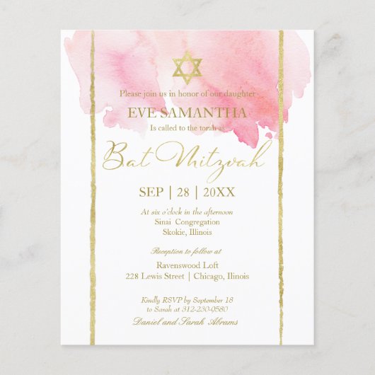 Roze Waterverf BBT Mitzvah begrotingsuitnodiging (Voorkant)