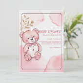Roze waterverf beer babyshower uitnodigingen (Staand voorkant)