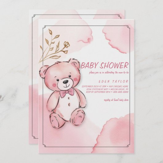 Roze waterverf beer babyshower uitnodigingen (Voorkant / Achterkant)