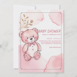 Roze waterverf beer babyshower uitnodigingen