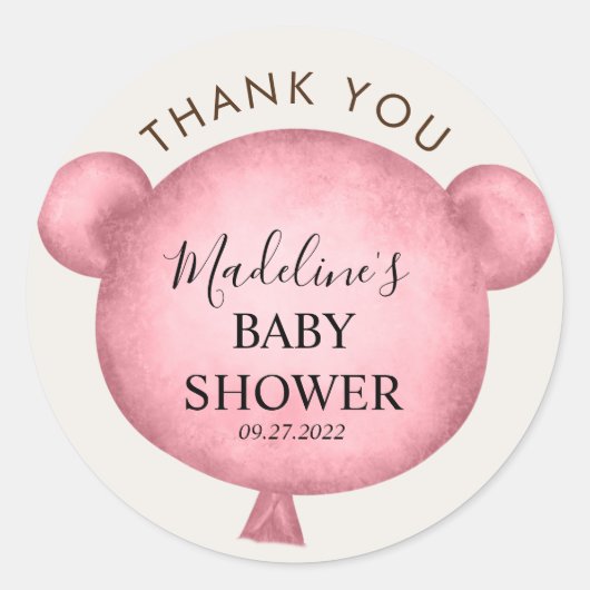 Roze Waterverf Beer Balloon Baby shower Dank u Ronde Sticker (Voorkant)