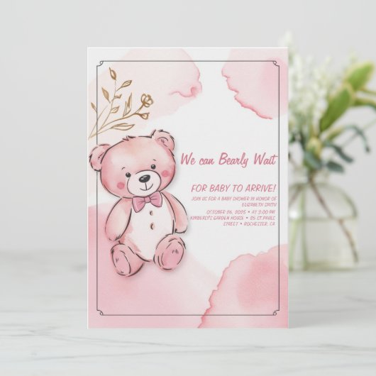 Roze waterverf beer kaart (Staand voorkant)