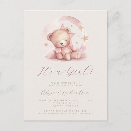Roze Waterverf Beer Meisje Baby shower Briefkaart (Voorkant)