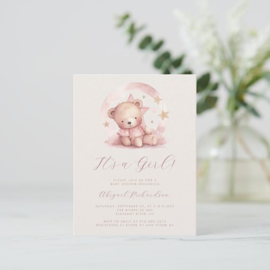 Roze Waterverf Beer Meisje Baby shower Briefkaart (Staand voorkant)