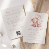 Roze Waterverf Beer Meisje QR Code Baby shower Kaart