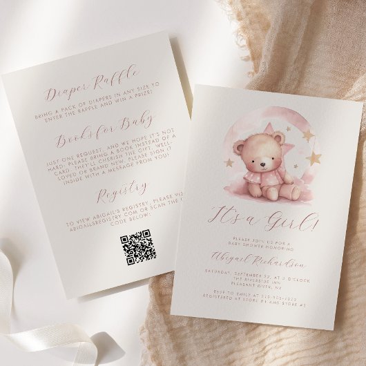 Roze Waterverf Beer Meisje QR Code Baby shower Kaart