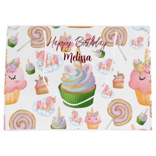 Roze Waterverf Birthday Cupcake Unicorn Groot Cadeauzakje (Voorkant)