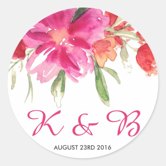 Roze Waterverf Bloeddruk Monogram Sticker (Voorkant)