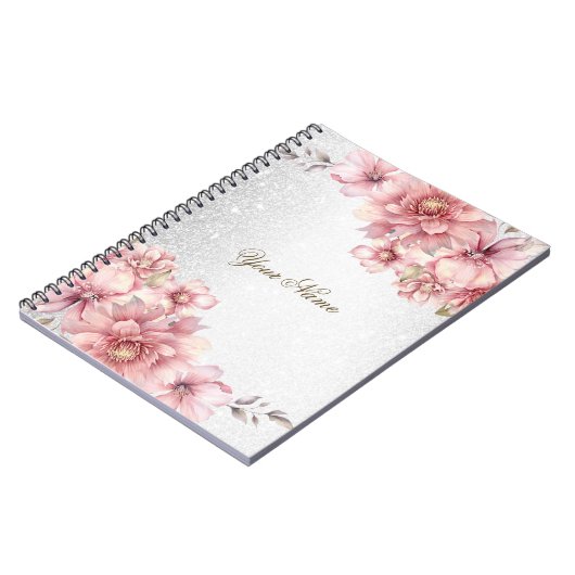 Roze Waterverf bloeit glanzend glitter modern Notitieboek (Linkerzijde)