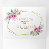 Roze waterverf bloeit gouden geometrische bruiloft drieluik uitnodiging (Binnenzijde eerst)