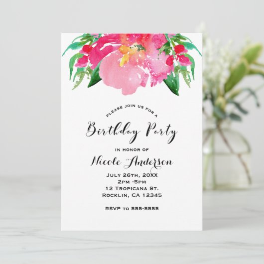Roze Waterverf Bloem Bloemen Zomerverjaardag Kaart (Staand voorkant)