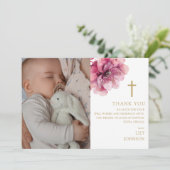 Roze Waterverf Bloem Foto Doop Doop Doop Bedankkaart (Staand voorkant)