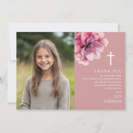 Roze Waterverf Bloem Foto Eerste Heilige Communie Bedankkaart