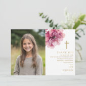 Roze Waterverf Bloem Foto Eerste Heilige Communie Bedankkaart (Staand voorkant)