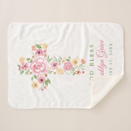 Roze Waterverf Bloem Kruisdoop / doop Sherpa Deken (Voorkant (horizontaal))