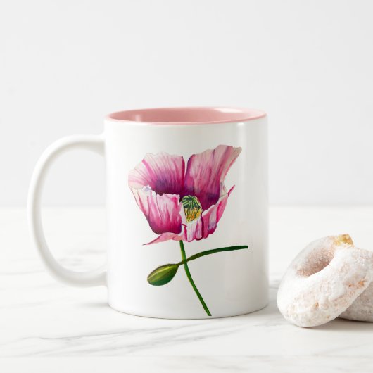Roze waterverf bloem  kunst tweekleurige koffiemok (Met donut)