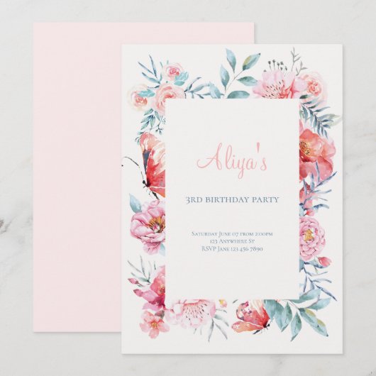 Roze waterverf bloem Meisjes Verjaardagsfeest Kaart (Voorkant / Achterkant)