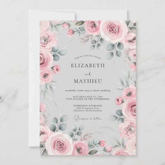 Roze Waterverf Bloem Romantische Bruiloft Kaart (Voorkant)