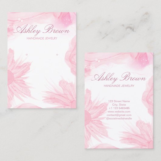 Roze Waterverf Bloem Sieraden Oorbel Display Visitekaartje (Voorkant / Achterkant)