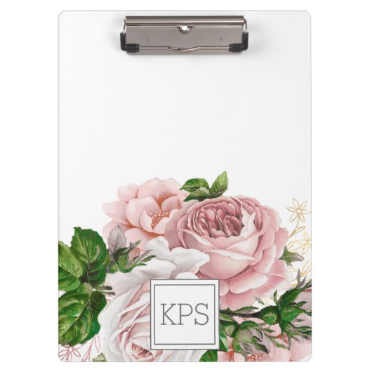 Roze Waterverf Bloem Wit Monogram Klembord (Voorkant)
