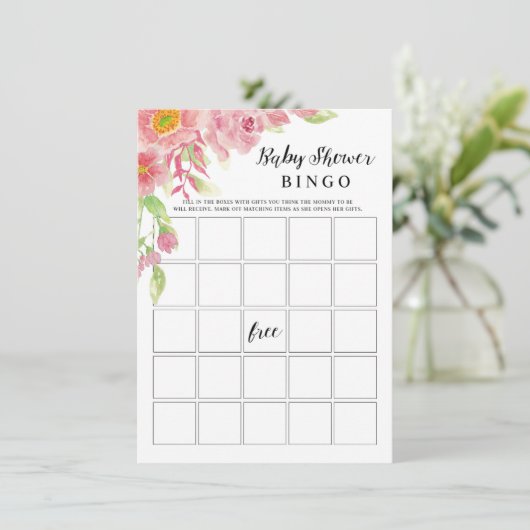 Roze waterverf bloemachtige babyshower-bingospelka informatiekaartje (Staand voorkant)