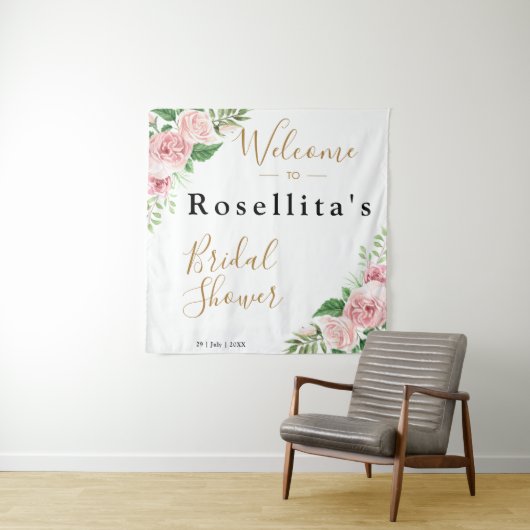 Roze Waterverf Bloemachtige Bruidsdouche Wandkleed (In situ)