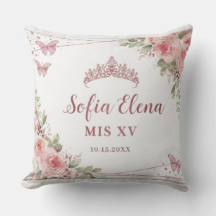 Roze Waterverf Bloemachtige Quinceañera Tiara Kussen